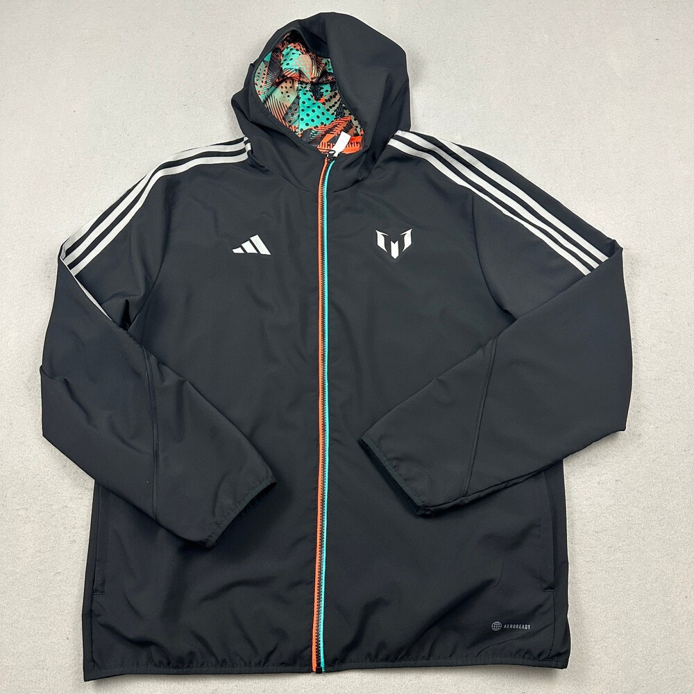 Adidas Jacket Men Extra Large Black Lionel Messi Windbreaker Full Zip Hood XL